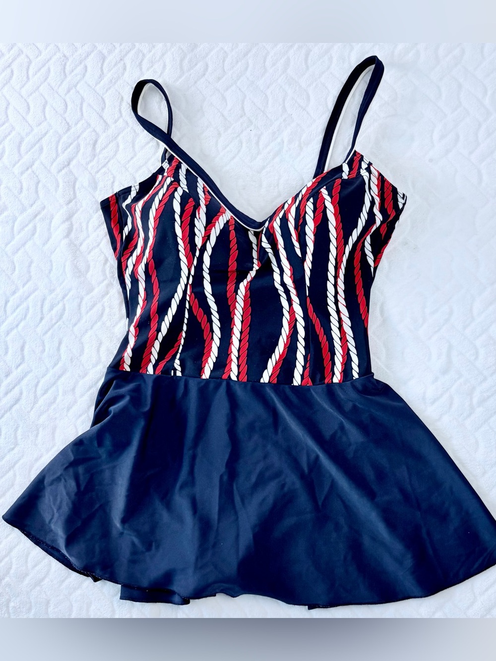 Vintage 80s Made in Canada Body I.D. Baltex Swim Dress Size 12 Nautical Preppy